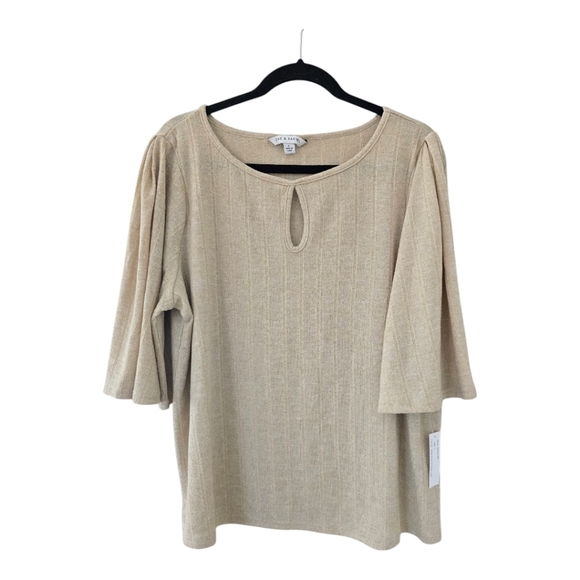 Zac & Rachel Metallic Blouse Women Sz L Beige Flutter 3/4 Sleeve Front Cut  Out - Picture 1 of 13